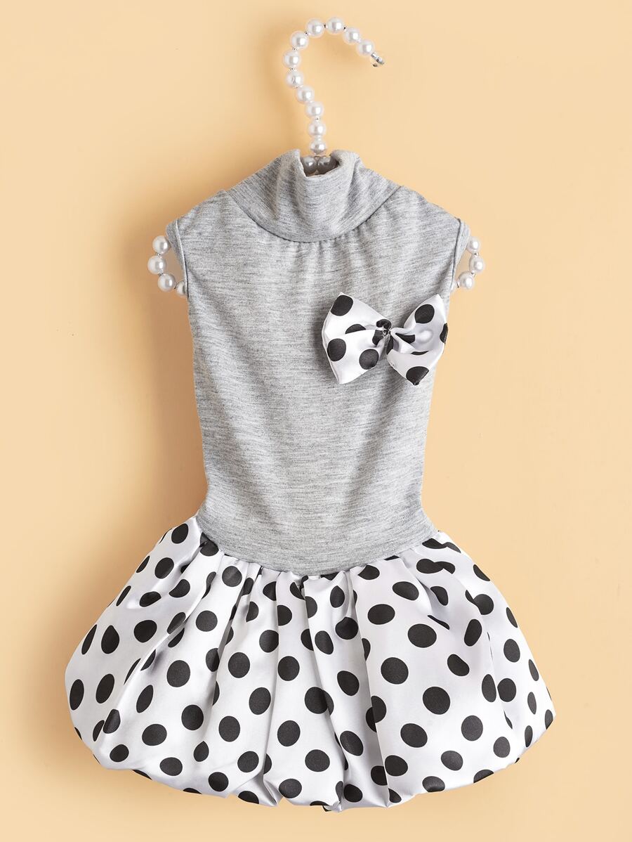 1入組波點圖案蝴蝶結裝飾寵物洋裝 - 灰色 - 查看 1