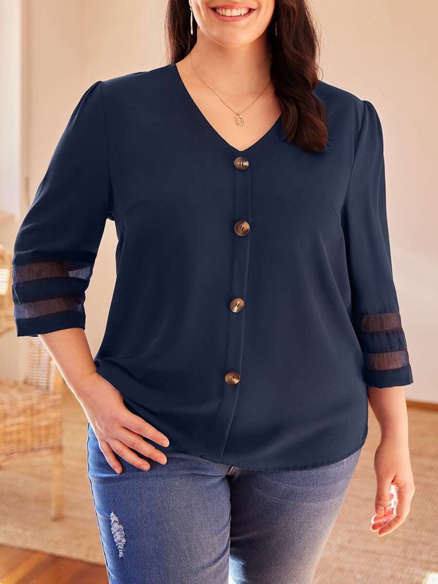 SHEIN LUNE Blusa con botón delantero de malla - Azul Marino - Ver 1