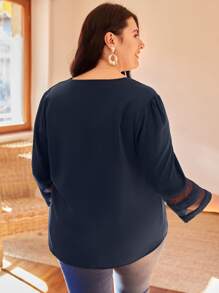 SHEIN LUNE Blusa con botón delantero de malla - Azul Marino - Ver 2