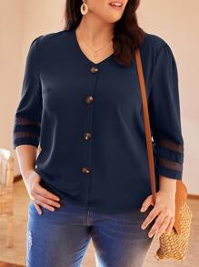 SHEIN LUNE Blusa con botón delantero de malla - Azul Marino - Ver 3