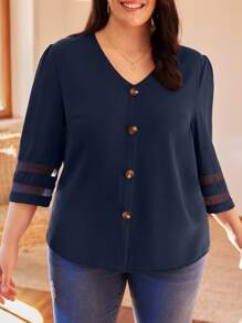 SHEIN LUNE Blusa con botón delantero de malla - Azul Marino - Ver 4