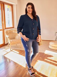 SHEIN LUNE Blusa con botón delantero de malla - Azul Marino - Ver 6