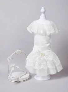 1入組珍珠和蕾絲設計寵物洋裝 - 白色 - 查看 1