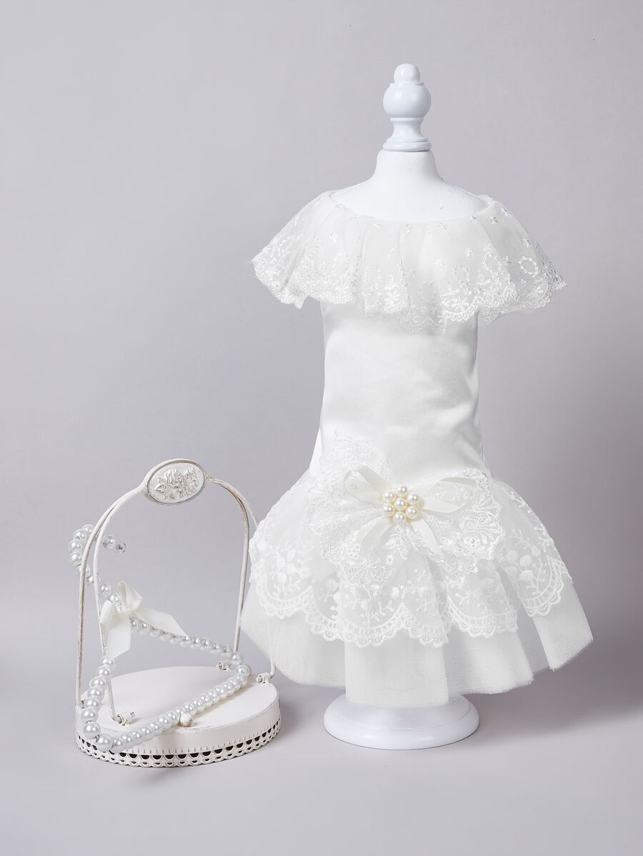 1入組珍珠和蕾絲設計寵物洋裝 - 白色 - 查看 1