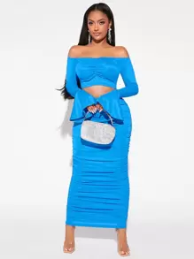 SHEIN SXY Off Shoulder Ruched Front Crop Top & Bodycon Skirt - Blue - View 1