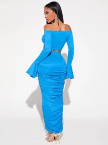 SHEIN SXY Off Shoulder Ruched Front Crop Top & Bodycon Skirt - Blue - View 2