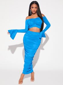 SHEIN SXY Off Shoulder Ruched Front Crop Top & Bodycon Skirt - Blue - View 4