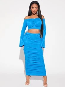 SHEIN SXY Off Shoulder Ruched Front Crop Top & Bodycon Skirt - Blue - View 5