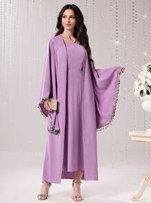 Modelyn Rhinestone Detail Flounce Sleeve Open Front Coat & Dress - Lilac Purple - View 3