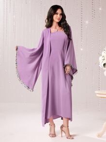 Modelyn Rhinestone Detail Flounce Sleeve Open Front Coat & Dress - Lilac Purple - View 5