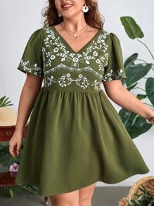 SHEIN VCAY Plus Floral Print Puff Sleeve Dress - Army Green - View 3