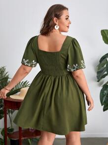SHEIN VCAY Plus Floral Print Puff Sleeve Dress - Army Green - View 2