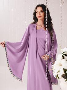 Modelyn Rhinestone Detail Flounce Sleeve Open Front Coat & Dress - Lilac Purple - View 1