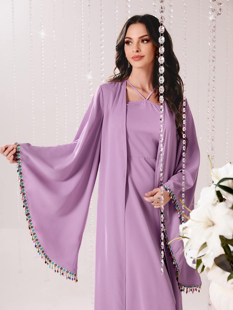 Modelyn Rhinestone Detail Flounce Sleeve Open Front Coat & Dress - Lilac Purple - View 1