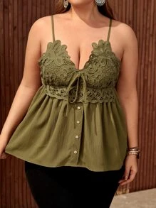 SHEIN Privé Plus Guipure Lace Panel Knot Front Cami Top - Olive Green - View 1