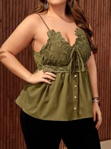 SHEIN Privé Plus Guipure Lace Panel Knot Front Cami Top - Olive Green - View 3