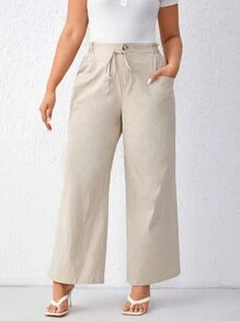 SHEIN LUNE 大碼腰部抽繩闊腿褲 - 米色 - 查看 1