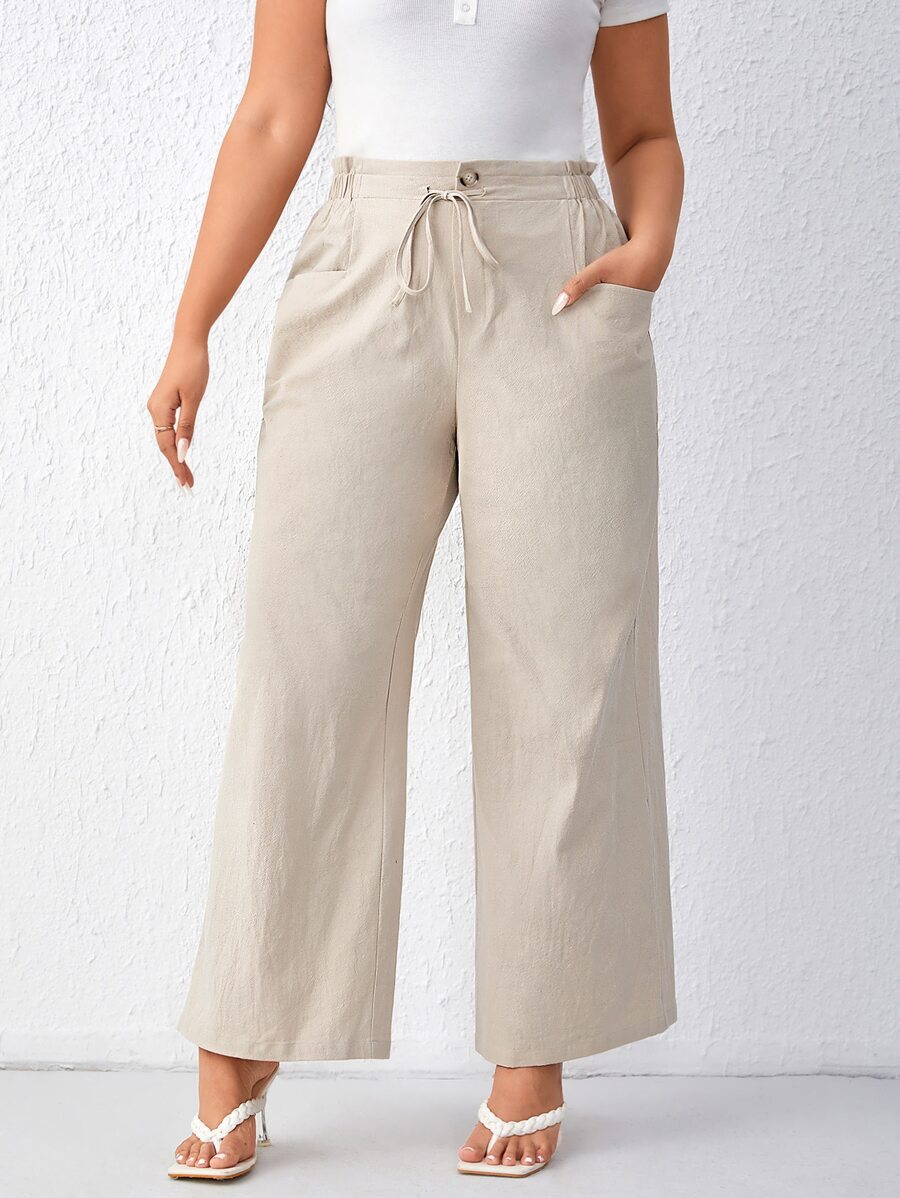 SHEIN LUNE 大碼腰部抽繩闊腿褲 - 米色 - 查看 1