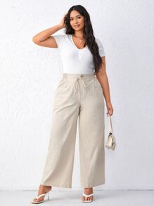 SHEIN LUNE 大碼腰部抽繩闊腿褲 - 米色 - 查看 4