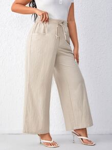 SHEIN LUNE 大碼腰部抽繩闊腿褲 - 米色 - 查看 5