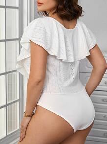 SHEIN LUNE Plus Eyelet Embroidery Ruffle Trim Bodysuit - White - View 2