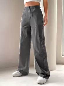 SHEIN ICON High Waist Flap Pocket Side Cargo Jeans - Grey - View 1