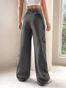 SHEIN ICON High Waist Flap Pocket Side Cargo Jeans - Grey - View 2
