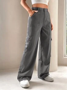 SHEIN ICON High Waist Flap Pocket Side Cargo Jeans - Grey - View 3