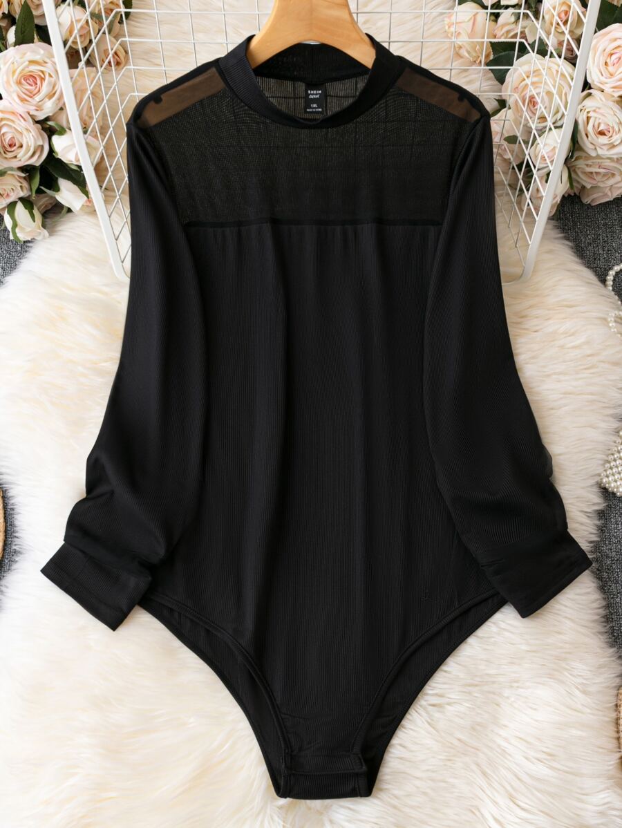 SHEIN LUNE Plus Contrast Mesh Mock Neck Bodysuit - Black - View 1