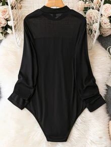 SHEIN LUNE Plus Contrast Mesh Mock Neck Bodysuit - Black - View 2