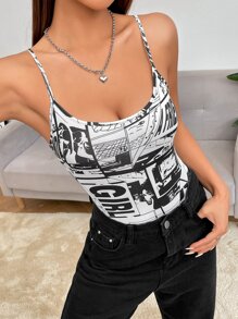 SHEIN EZwear Áo liền quần ôm nữ Lá thư Giải trí - Đen và trắng - Xem 2
