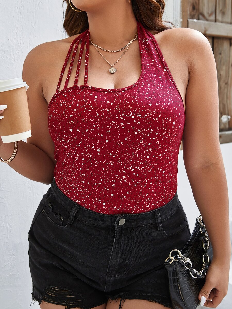 SHEIN BAE 大碼潑墨掛脖上衣 - 紅白色 - 查看 1