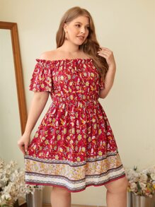 SHEIN VCAY Plus 1pc Floral Print Off Shoulder Ruffle Trim Dress | SHEIN USA