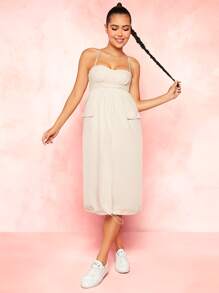 SHEINNeu Vestido de tirantes pecho con fruncido de muslo con abertura - Beis - Ver 3