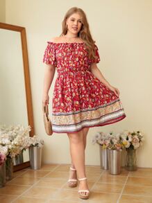 SHEIN VCAY Plus 1pc Floral Print Off Shoulder Ruffle Trim Dress | SHEIN USA