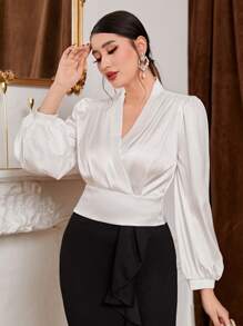 Modelyn Surplice Neck Lantern Sleeve Blouse - White - View 1