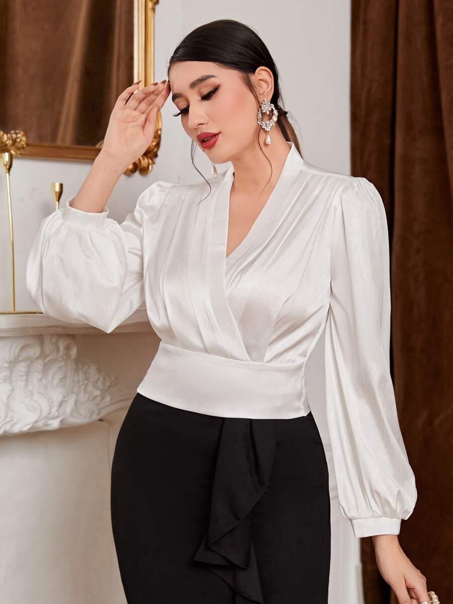 Modelyn Surplice Neck Lantern Sleeve Blouse - White - View 1