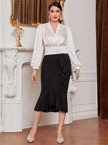 Modelyn Surplice Neck Lantern Sleeve Blouse - White - View 5