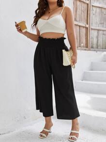 Calvaya Plus Paperbag Waist Wide Leg Pants - Black - View 1