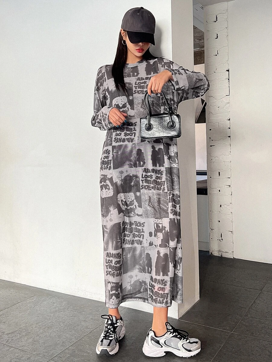 DAZY Figure & Letter Graphic Drop Shoulder Dress Sundress,Fall Clothes - Grey - View 1