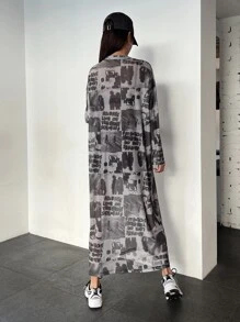 DAZY Figure & Letter Graphic Drop Shoulder Dress Sundress,Fall Clothes - Grey - View 2