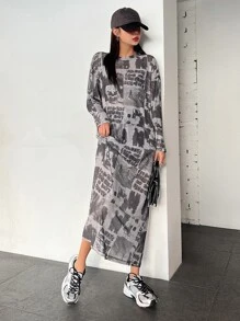 DAZY Figure & Letter Graphic Drop Shoulder Dress Sundress,Fall Clothes - Grey - View 5