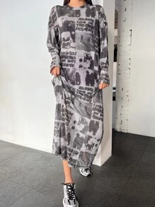 DAZY Figure & Letter Graphic Drop Shoulder Dress Sundress,Fall Clothes - Grey - View 7