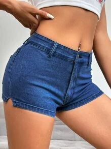 SHEIN EZwear Washed Denim Shorts - Dark Wash - View 2