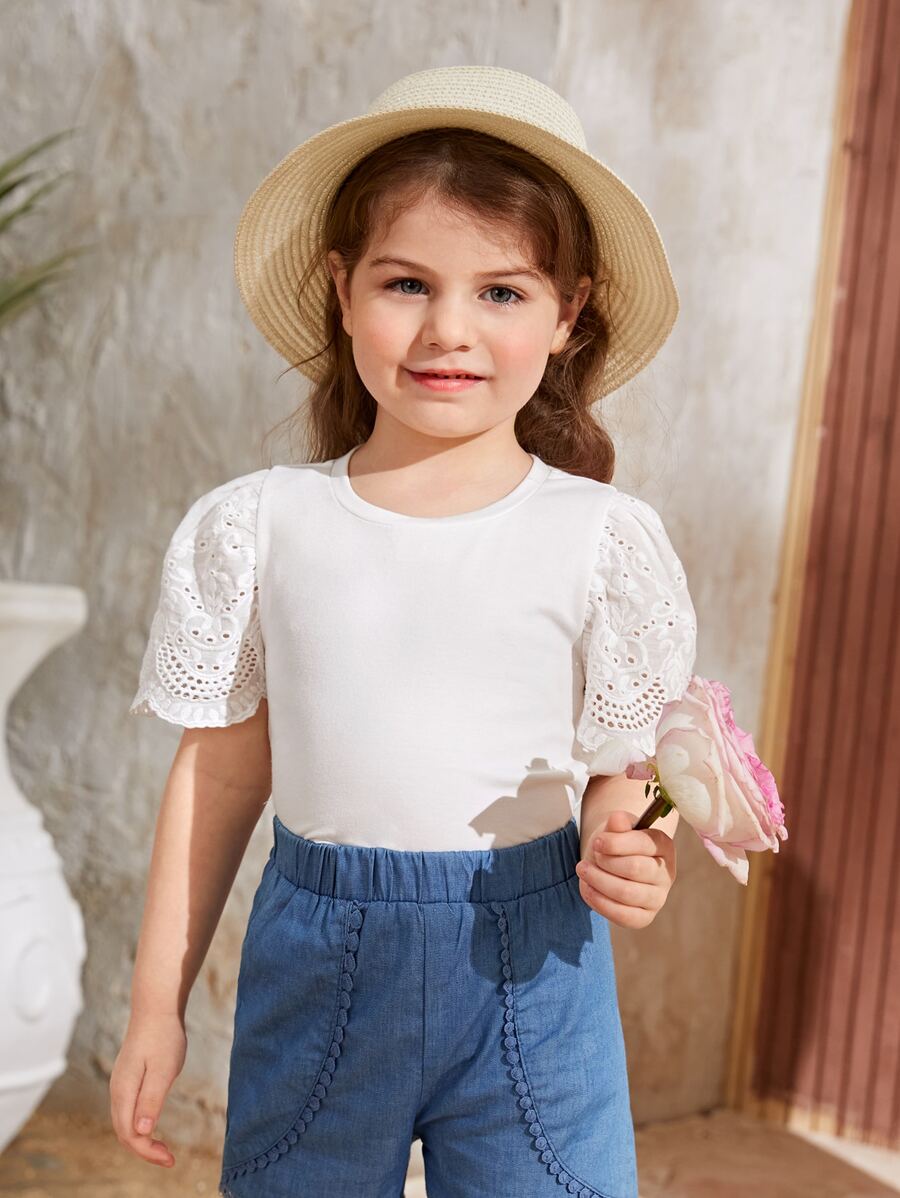 SHEIN Toddler Girls Eyelet Embroidery Puff Sleeve Tee - White - View 1