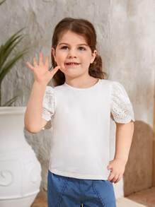 SHEIN Toddler Girls Eyelet Embroidery Puff Sleeve Tee - White - View 4