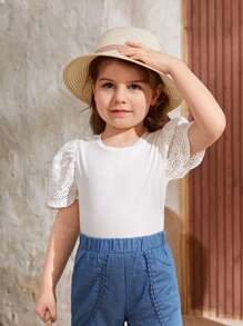 SHEIN Toddler Girls Eyelet Embroidery Puff Sleeve Tee - White - View 3