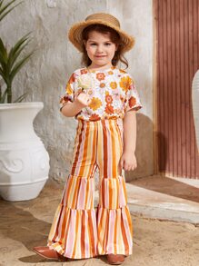 SHEIN Toddler Girls Floral Print Drop Shoulder Top & Striped Ruffle Hem Trousers - Multicolor - View 1
