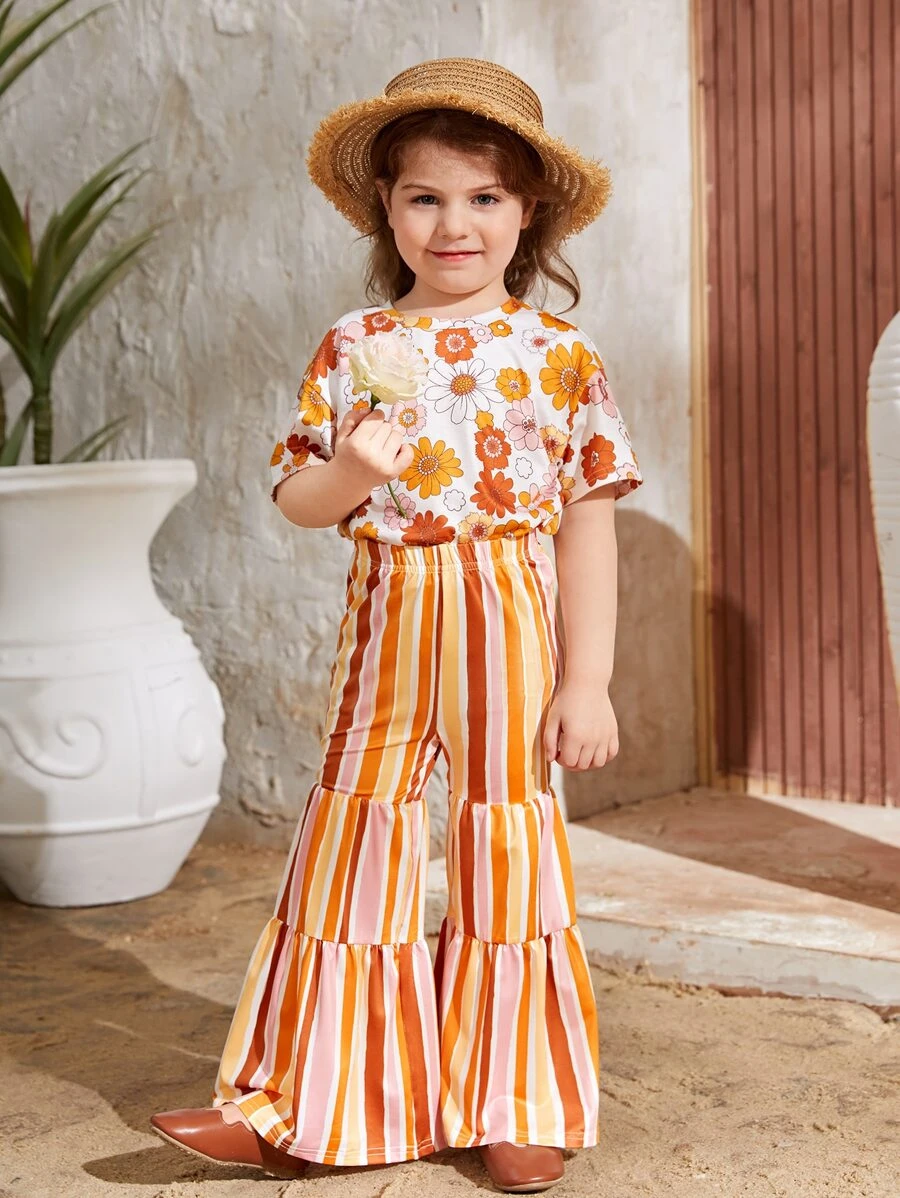 SHEIN Toddler Girls Floral Print Drop Shoulder Top & Striped Ruffle Hem Trousers - Multicolor - View 1