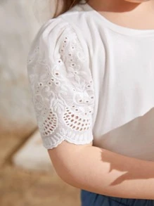 SHEIN Toddler Girls Eyelet Embroidery Puff Sleeve Tee - White - View 6